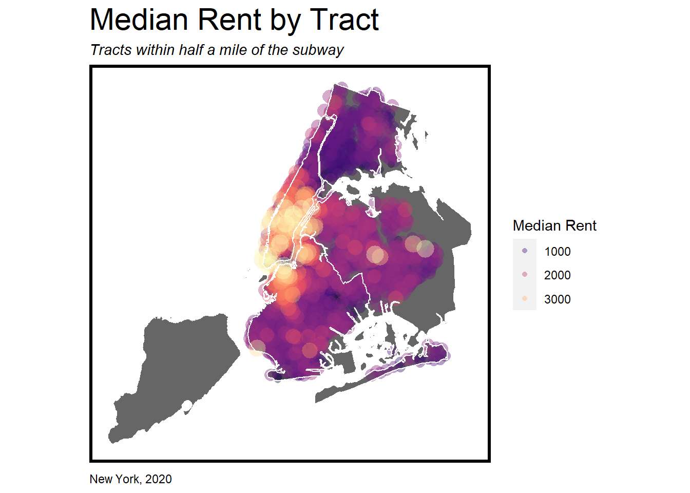 Map of median rent prices in NYC in 2020.