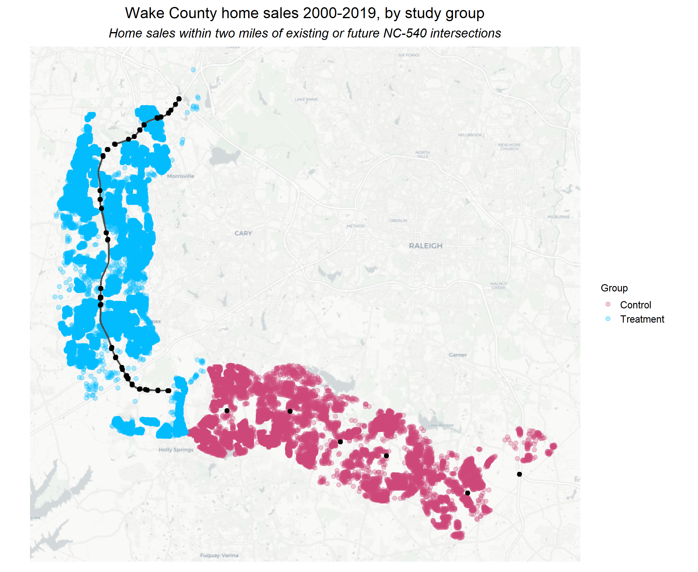 Map of treatment and control groups. Homes within the treated group are homes within a 2-mile redius of existing NC-540 entrances and exits. Homes within the control group are homes within a 2-mile radius of estimated future NC-540 intersections.